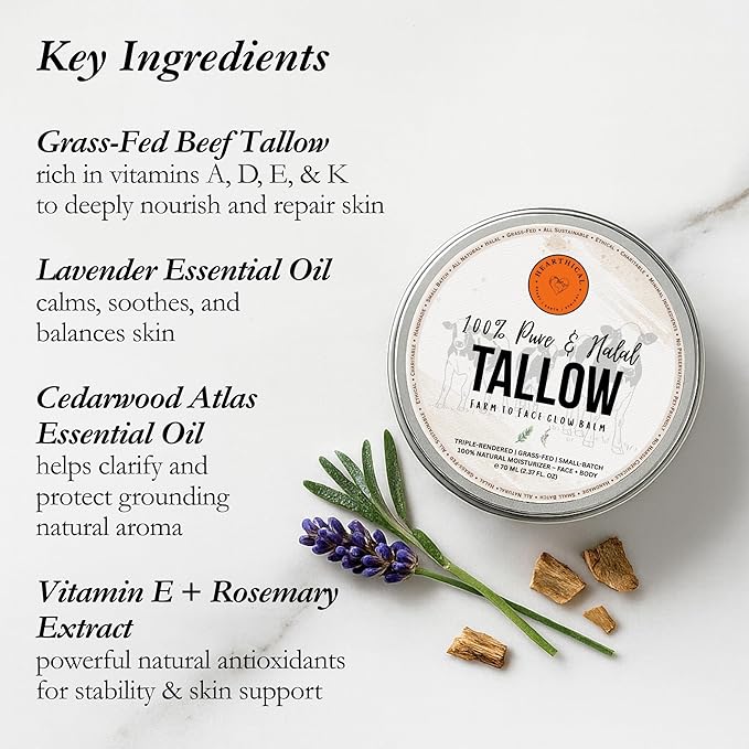 Halal Grass Fed Beef Tallow For Skin – 70g Organic Beef Tallow Moisturizer – Beef Tallow Face Moisturizer & Beef Tallow Face Cream – Pure Beef Tallow Balm with Lavender & Cedarwood
