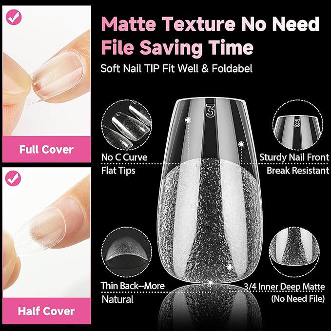 UNA GELLA Short Coffin Nail Tips, 312pcs Short Coffin Gel Nails Tips Pre-shape Half Matte Fake Nails 12 Sizes Full Cover Press on Nails for Acrylic Nail Extension DIY Salon at Home