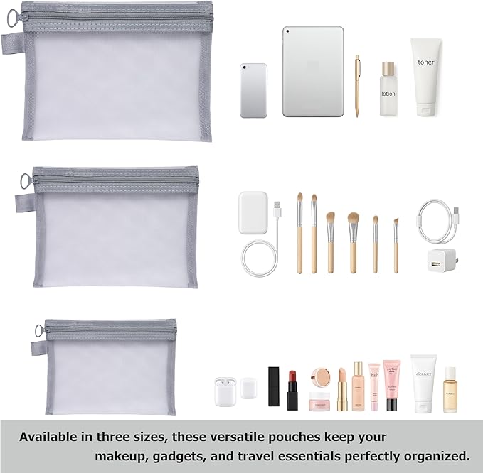 Quotidian Flat Clear Mesh Zipper Pouch Gray Makeup Brush Bag Travel Organizer 3-Size Pack of 9 - Vacation Gym Everyday Carry School