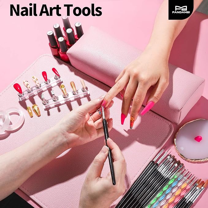 FANDAMEI Nail Art Brushes, Nail Brush Set With Nail Stand, Nail Holder For Painting Nails, Nail Art Tools, Nail Design Tools, 11PCS Nail Brushes For Nail Art, 5PCS Nail Dotting Tool, Nail Art Palette