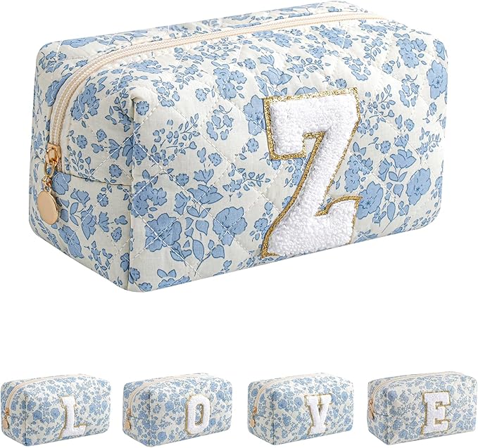 JOVAKIT Alphabet Makeup Bag Cosmetic Bag for Women, Christmas Gifts for Girls Age 6-18, Floral Flowers Coquette Travel Toiletry Zipper Make Up Pouch Organizer Trendy Stuff (Blue Floral Z)