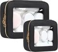 Leather Clear Makeup Bags Set - Travel Clear Cosmetic Bag Case with Zipper, Transparent TSA Approved Toiletry Bags for Travel Essentials Car Accessories for Women (Black, S+M)