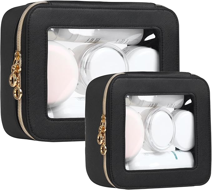 Leather Clear Makeup Bags Set - Travel Clear Cosmetic Bag Case with Zipper, Transparent TSA Approved Toiletry Bags for Travel Essentials Car Accessories for Women (Black, S+M)