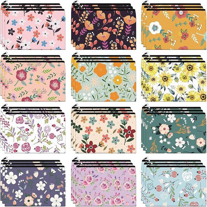 Hillban 36 Pcs Floral Makeup Bags for Women Flower Cosmetic Bag Inspirational Pencil Case with Zipper Travel Organizer Pouch for Wedding Bachelorette Party Christmas Gifts, 12 Styles