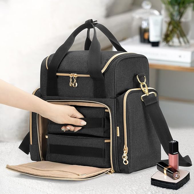 LUXJA Travel Makeup Bag with 2 Removable Cases, Cosmetic Bag with Multiple Storage Sections (Patent Pending), Black