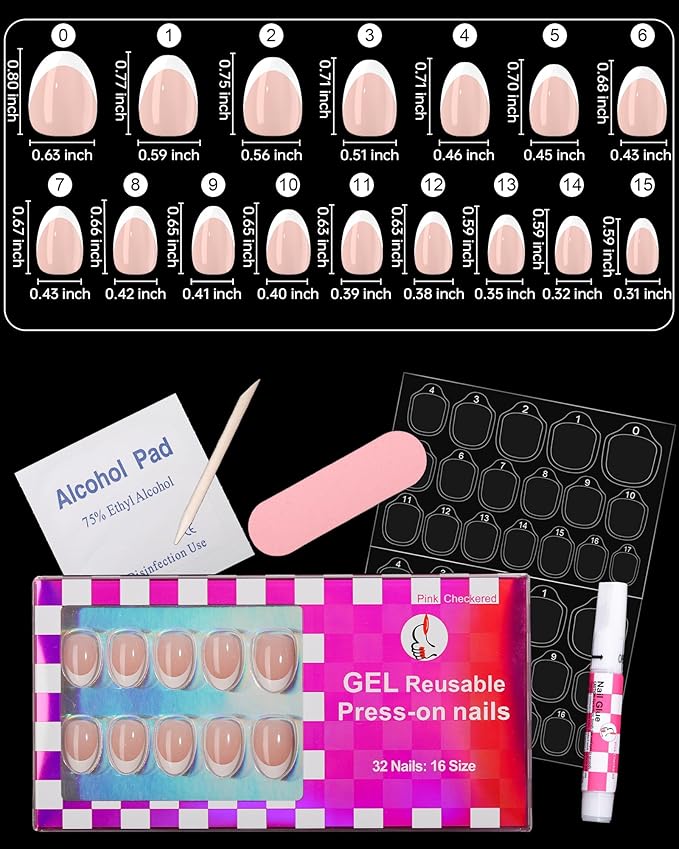 16 size white french tip almond press on nails for women,32 pcs super short petite oval nails with glue and stick ，nude french