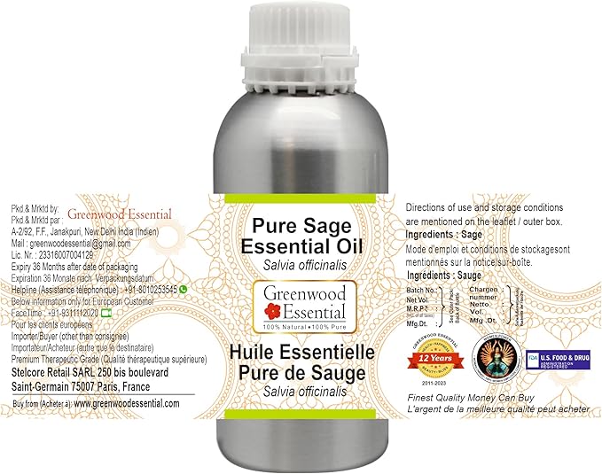 Greenwood Essential Pure Sage Essential Oil (Salvia officinalis) Steam Distilled 1250ml (42.2 oz)