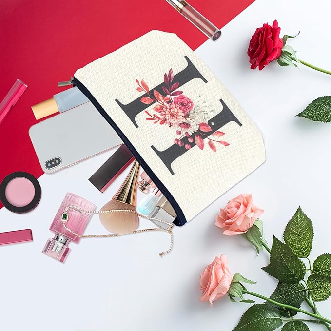 Initial A-Z Personalized Floral Makeup Bag, Monogrammed Birthday Gifts for Women Mom, Mothers Day Christmas Gift Ideas for Best Friend, Bride Bridesmaid, Her, Grandma, Small Travel Cosmetic Bag (H)