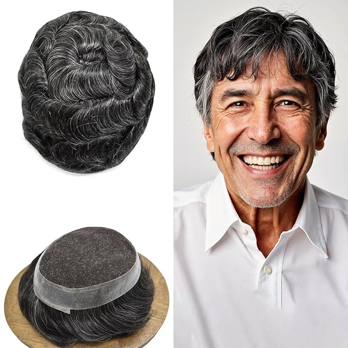 FACE MIRACLE Mens Toupee Lace Front Hairpieces Soft Human Hair Replacement System Toupee for Men French Lace Poly V-Looped Mens hair Units 6"X8" #1B40 1B# OFF BLACK WITH 40% SYNTHETIC GREY
