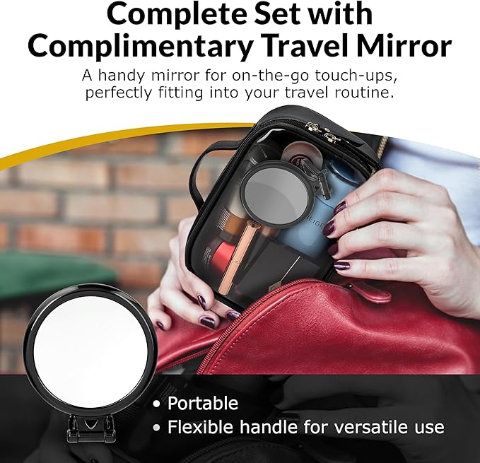 Clear Makeup Bag Set - Premium Quality Travel Cosmetic Bag w/Clear Transparent Front - 3pcs Gift for Travelers - Large & Small Makeup Bags & Portable Mirror in a Beautiful Gift Box, Black