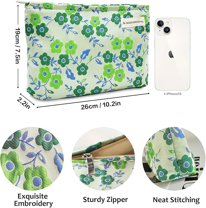 STARDW Aesthetic Floral Makeup Bag Cute Small Cosmetic Bags for Women Girls, Travel Toiletry Bag Large Capacity Zipper Makeup Pouch, Purse Organizer Pouches (Green Flowers)