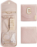 BAGSMART Travel Jewelry Organizer Case C Initial Foldable Jewelry Roll for Journey Rings, Necklaces, Earrings, Bracelets,Mini,Letter K,Soft Pink