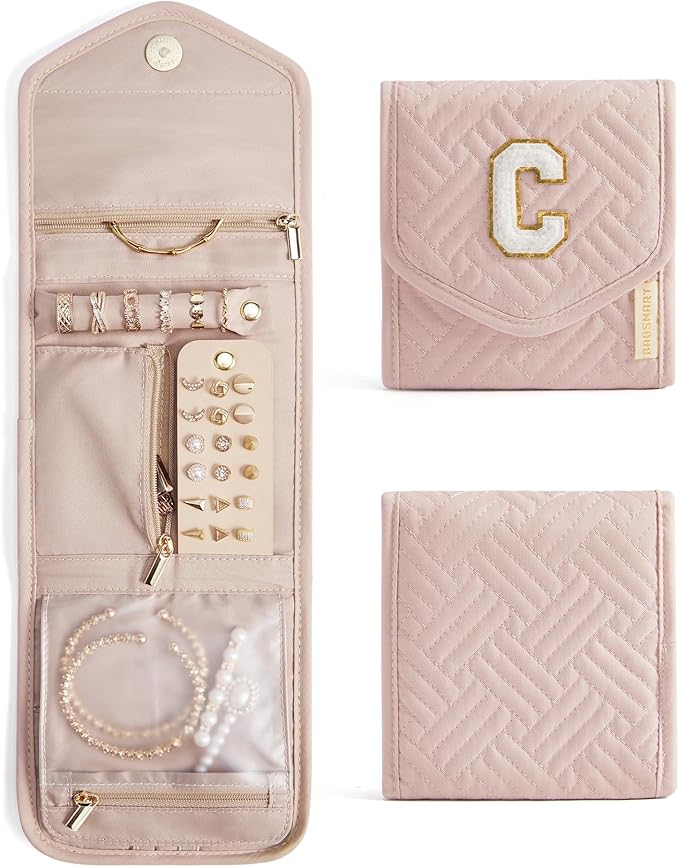 BAGSMART Travel Jewelry Organizer Case C Initial Foldable Jewelry Roll for Journey Rings, Necklaces, Earrings, Bracelets,Mini,Letter K,Soft Pink