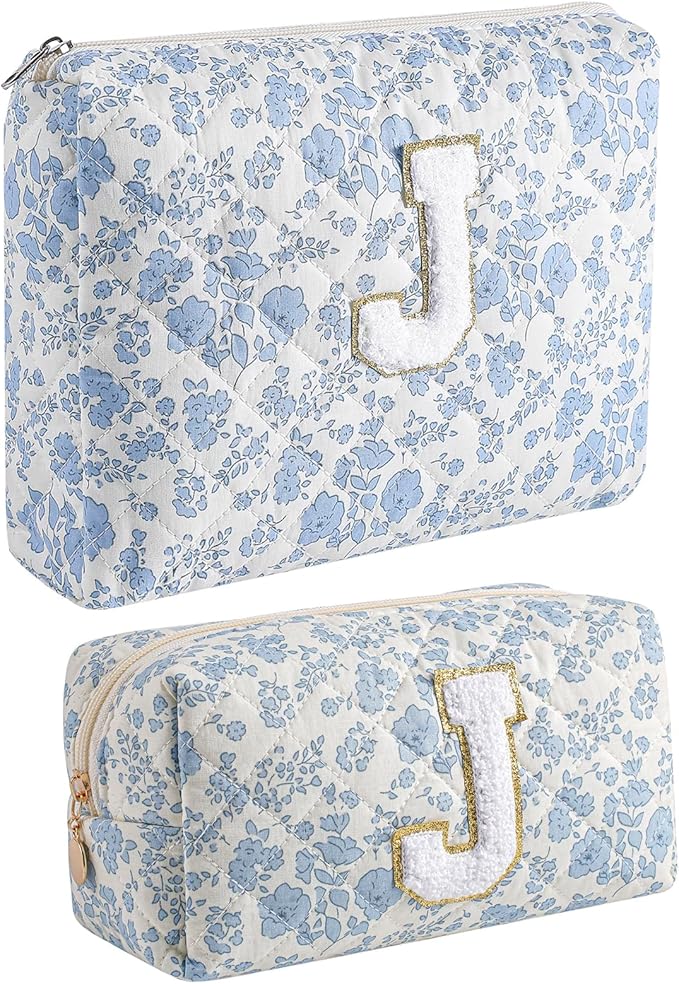 JOVAKIT Alphabet Makeup Bag Cosmetic Bag for Women, Christmas Gifts for Girls Age 6-18, Floral Flowers Coquette Travel Toiletry Zipper Make Up Pouch Organizer Trendy Stuff (2Pcs Blue Floral J)