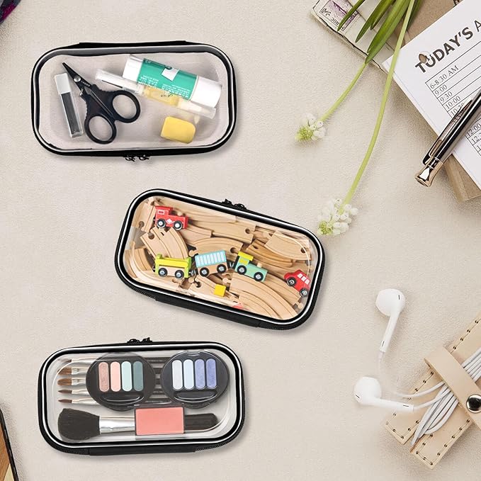 2PCS Zippered Hard Pouch Double,Portable Waterproof Cosmetic Bag with Zipper,DIY Storage Organizer Bins,Hard Plastic Case,Clear Zipper Bags for Organizing,Pencil Case