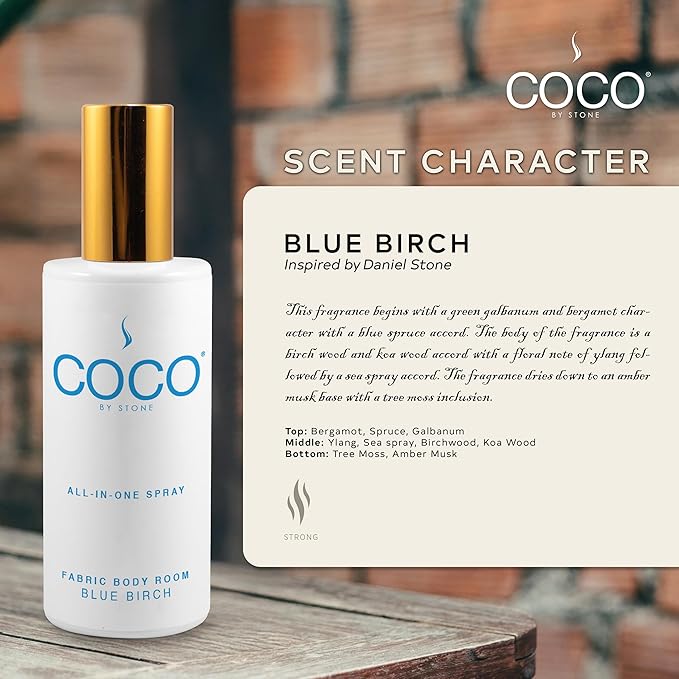 COCO by Stone 5oz All-in-One Spray (Blue Birch) Shake & Spray Formula for Fabric, Pillows, Interiors, Clothing, Home Fragrance Accessories, Room Perfume, Room Deodorizer, Vegan & Cruelty-Free