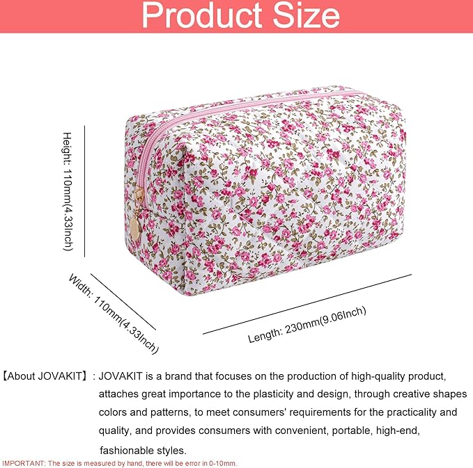 JOVAKIT Square Makeup Bag Cute Cosmetic Bag for Women, Floral Coquette Aesthetic Toiletry Bag, Zipper Make Up Pouch, Travel Make Up Organizer Bag (Red Floral)
