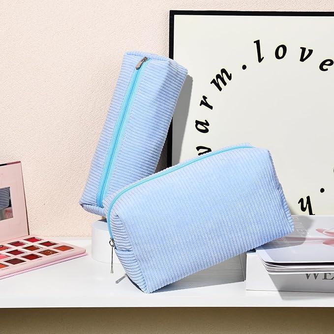 SOIDRAM Corduroy Cosmetic Bag - Cute Blue Makeup Pouch, Large Capacity, Travel Toiletry Bag Organizer with 1Pcs Makeup Brushes Storage