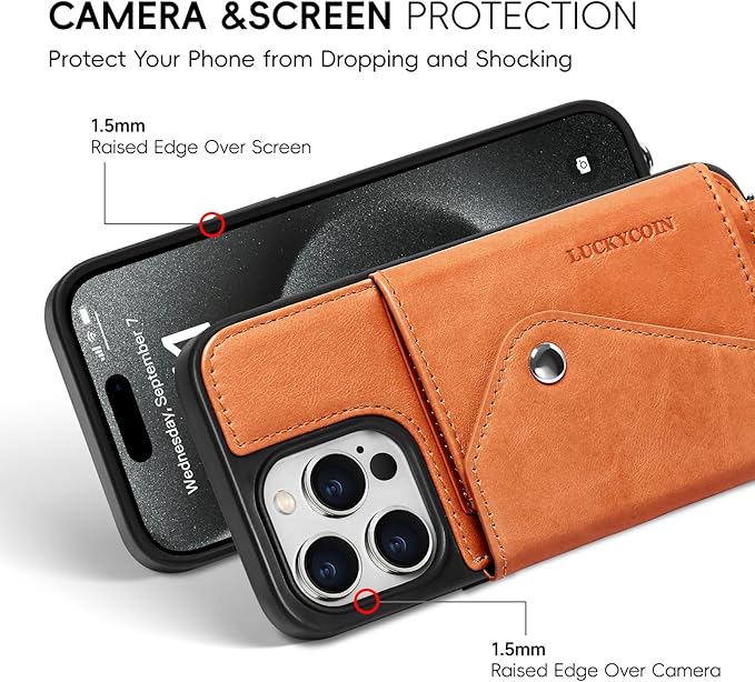 LUCKYCOIN Crossbody Wallet Phone Case for iPhone 15 Pro,100% Genuine Leather Wallet Phone Case with Expandable Flip Card Holder,Phone Purse for Women with Adjustable Removable Strap - Brown