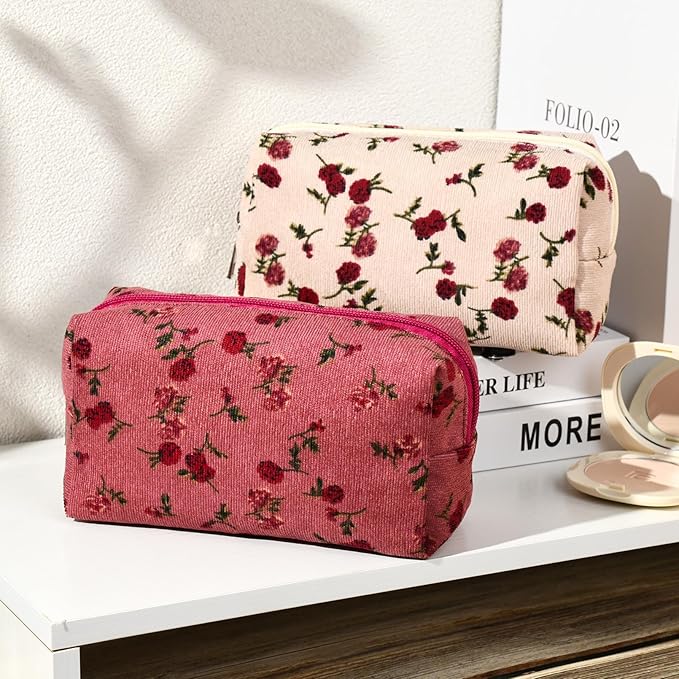 SOIDRAM 2 Pieces Makeup Bag Floral Cosmetic Bag Purple Blue Makeup Pouch Travel Toiletry Bag Organizer Cute Makeup Brushes Storage Bag for Women, White&Pink Rose