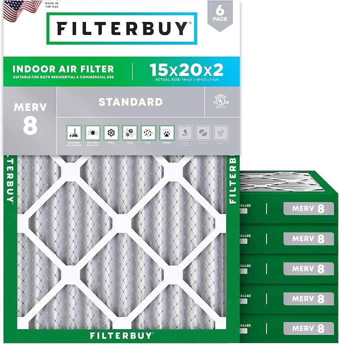 Filterbuy 15x20x2 Air Filter MERV 8 Essential Dust & Allergy Defense, by Filterbuy