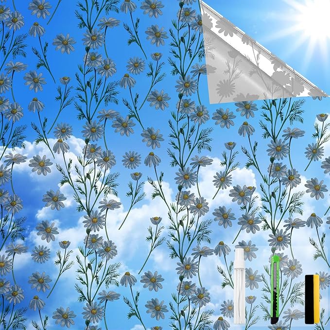 One Way Privacy Film, Window Tint for Home,Daytime Reflective, Anti UV Static Cling Sliding Door Coverings No Glue Garage Solar Paper (Silver -Daisy, 35.4X 78.7 in)