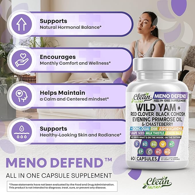 Clean Nutra Wild Yam Root Capsules with Red Clover Black Cohosh Evening Primrose Oil Chasteberry Dong Quai DIM Ashwagandha Grape Seed Extract Milk Thistle Lemon Balm and more Hormone Balance For Women