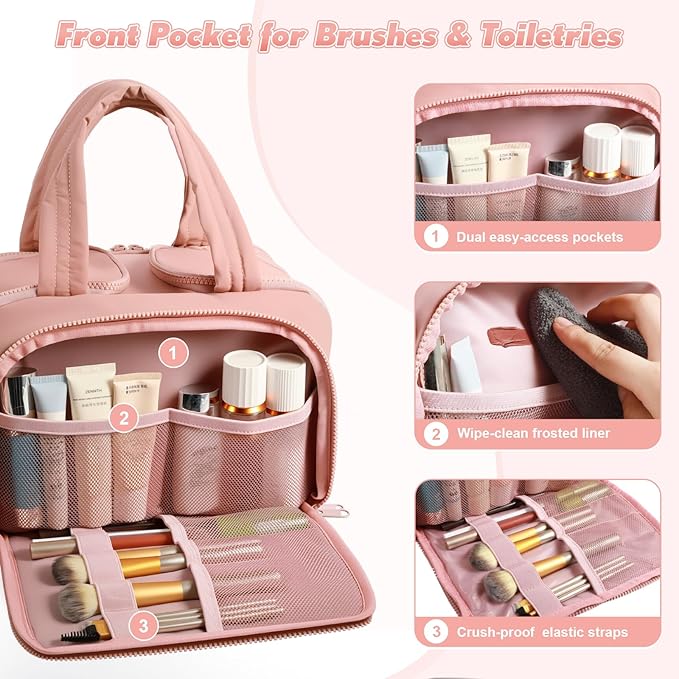 Travel Toiletry Bag:  Large Capacity, 4 Compartments, Wet/Dry Separation, Ultra-Soft Lightweight Fabric & Anti-Spill Design for Travel,Gym,Gift(11.8" L) (Raspberry Pink)