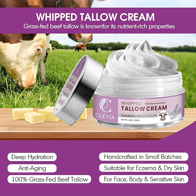 Beef Tallow Moisturizer with Organic Jojoba Oil 4 oz - Whipped Tallow Anti-Wrinkle Cream - Grass Fed Tallow Cream for Face & Body - Hydrating Moisturizer for Dry & Sensitive Skin | Vanilla Lavender