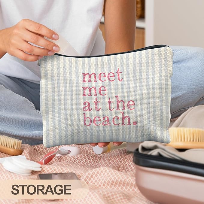 Coastal Beach Makeup Bag, Meet Me at the Beach Cosmetic Bags for Women, Gifts for Ocean Lovers, Preppy Cute Blue Striped Beachy Nautical Zipper Makeup Pouch