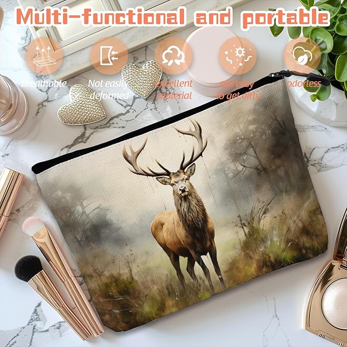 Cosmetic Bags Travel Makeup Toilet Case Waterproof Pouch for Women Girls 6.7X9.45inches - Stag in A Misty Forest Landscape
