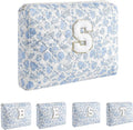 Alphabet Makeup Bag Cosmetic Bag for Women, Christmas Gifts for Age 11-18, Personalized Floral Coquette Travel Bag, Trendy Stuff Zipper Make Up Pouch Organizer Bag (Blue Floral S)