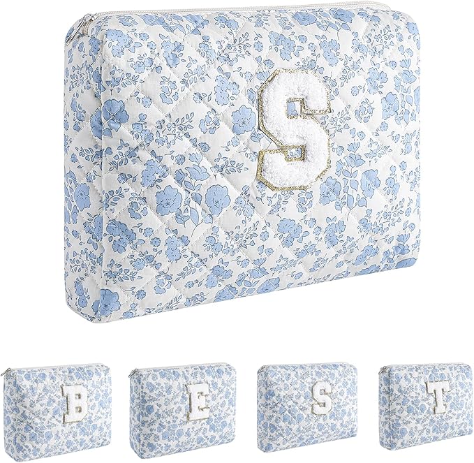 Alphabet Makeup Bag Cosmetic Bag for Women, Christmas Gifts for Age 11-18, Personalized Floral Coquette Travel Bag, Trendy Stuff Zipper Make Up Pouch Organizer Bag (Blue Floral S)