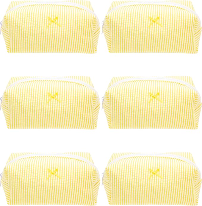 PAZIMIIK 6PCS Cozy Makeup Bag Small Aesthetic Travel Zipper Cosmetic Pouch for Women Make Up Beauty Accessories Brushes, Stripe Yellow
