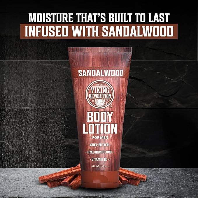 Viking Revolution Sandalwood Body Lotion for Men – Mens Lotion for Dry Skin with Shea Butter, Hyaluronic Acid and Vitamin B5 – Nourishing Mens Body Lotion for Hydrated and Smooth Skin (8oz, 1 Pack)
