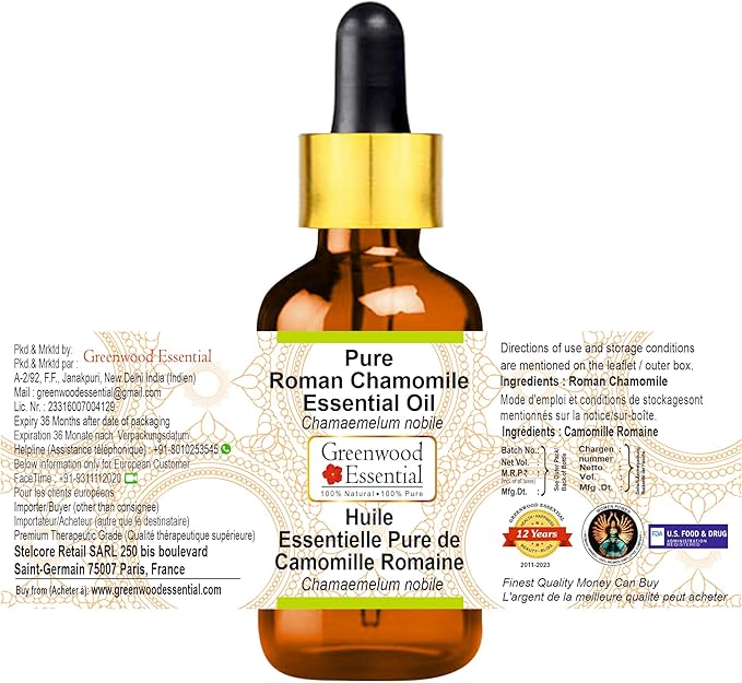 Greenwood Essential Pure Roman Chamomile Essential Oil (Chamaemelum nobile) with Glass Dropper Steam Distilled (Pack of Two) 100ml X 2 (6.76 oz)