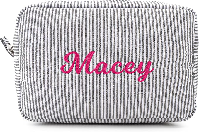 MT WORLD Cosmetic Bag Personalized Makeup Bag for Women Girls Seersucker Preppy Bridesmaid Makeup Bag Cute Aesthetic Toiletry Bag Girls Handbags Purses (Black)