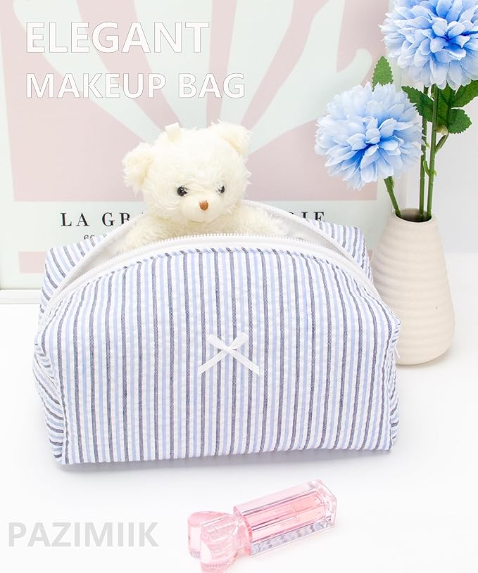 PAZIMIIK Cozy Makeup Bag Small Aesthetic Travel Zipper Cosmetic Pouch for Women Make Up Beauty Accessories Brushes, Stripe Blue Mix