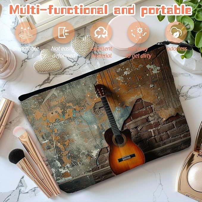 Cosmetic Bags Travel Makeup Toilet Case Waterproof Pouch for Women Girls 6.7X9.45inches - Guitar'S Solitary Pose Against A Rustic Wall