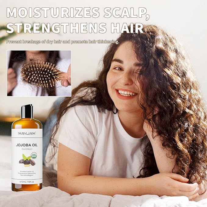 MAYJAM 16 Oz Jojoba Oil for Skin, USDA Certified Cold Pressed Jojoba Oil for Hair, Face, Body, Ear Stretch, Nails,Massage, Deeply Moisturizing, Carrier Oil for Essential Oils Mixing(473ML)