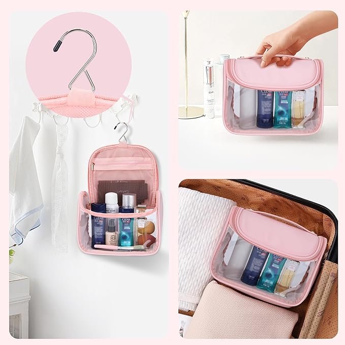 YFG Travel Toiletry Bag, Transparent Cosmetic Organizer with Hook, Portable, Organizer, for Travel-Sized Shampoo, makeup Accessories, Brushes Set, Conditioner, Medium Size