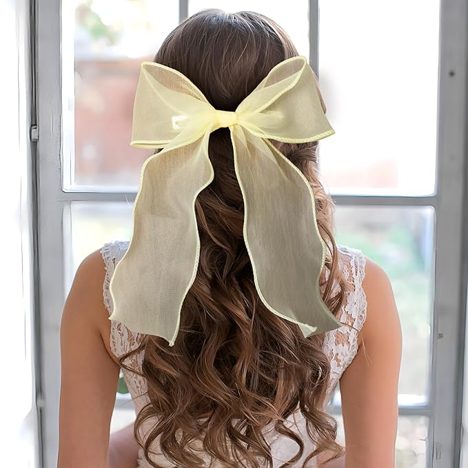 2Pcs Large Hair Bow Clips, Yellow Silk Lace Ribbon Bow for Women, Elegant Long Tail Bowknot French Hair Styling Barrette for Wedding, Parties, Daily Use