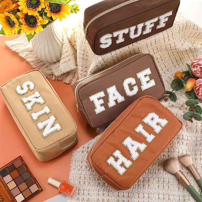 Remerry 4 PCS Nylon Cosmetic Bags Waterproof Spacious Travel Makeup Organizer for Women Chenille Letter Preppy Zipper Pouch Face Stuff Skin Hair Organizer Gift(Brown Series)