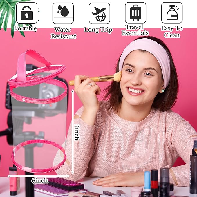 Clear Lotion Bag for Toiletry Cylinder Makeup Bag Heavy Duty Sunscreen Travel Organizer Pouch Waterproof Cosmetic Bag with Handle Zipper Gift for Christmas Beach Pool Airport Women(Hot Pink)
