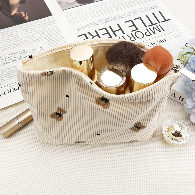 Corduroy Makeup Bag Cute Small Soft Zipper Cosmetic Bag for Purse Coquette Aesthetic Cosmetic Pouch with Bear Toiletry Storage Pouches Travel Makeup Bags Organizer Gifts for Women (Beige)