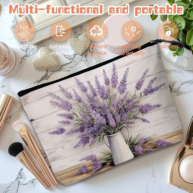 Cosmetic Bags Travel Makeup Toilet Case Waterproof Pouch for Women Girls 6.7X9.45inches - Lavender in A White Pitcher on A White - Wood Background
