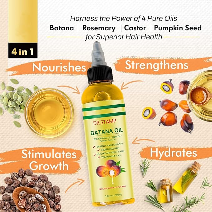 Batana Oil for Hair Growth & Scalp Care – 4-in-1 Liquid Batana Oil with Rosemary, Castor & Pumpkin Seed Oil – Strengthens, Moisturizes & Revitalizes Dry, Damaged Hair (1 Pack)