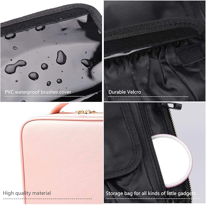 Travel Makeup Case, PU Leather Portable Organizer Makeup Train Case Makeup Bag Cosmetic Case with Adjustable Dividers for Cosmetics Makeup Brushes Women (Pink)
