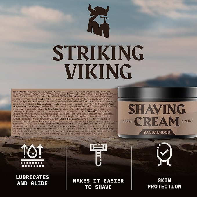 Striking Viking Men's Shaving Cream - 5.3 Oz, Pack of 1, Sandalwood - Hydrating Barrier & Sensitive Shave Cream - Smooth Razor Glide & Shaving Lather