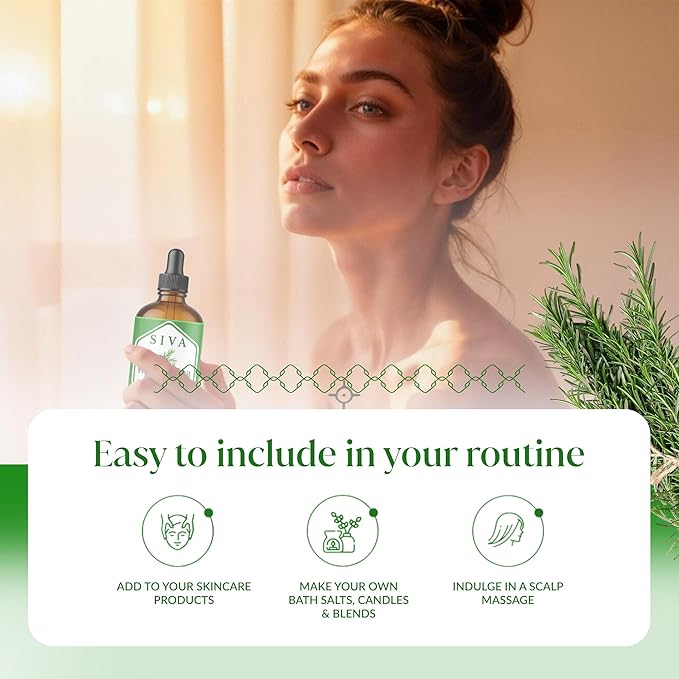 Siva Rosemary Essential Oil - 4 Fl Oz – 100% Natural Rosemary Oil - for Diffuser, Face, Skin Care, Aromatherapy, Hair Care, Scalp and Body Massage - with Dropper